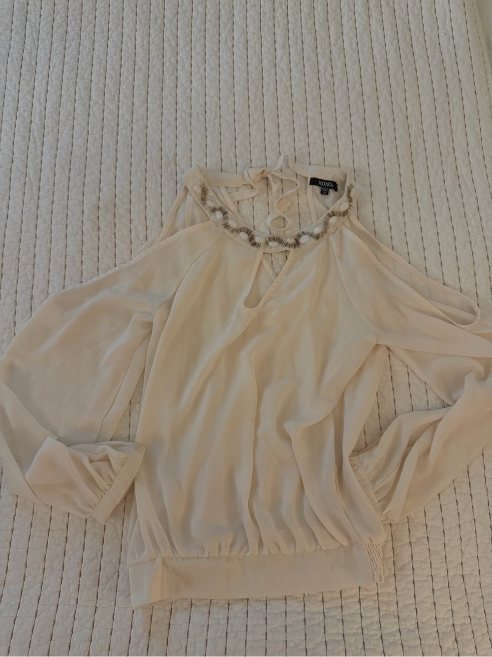XOXO Ivory Cold-Shoulder Chiffon Blouse with Beaded Neckline